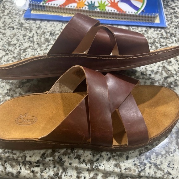 Chaco Brown Leather Crisscross Slide Sandals - Picture 5 of 6